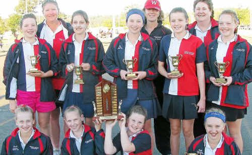 The Warwick 12 years representative team won the Darling Downs inter-district netball division one finals at Laidley on Sunday. Pictured are (back from left) coach Helena Fraser, manager Leanne Olsen, coach Nancy De Prada (middle) Jordan-Lee Ryan, Rachel Kraak, Rebecca Lane, Dimity Brackin, Mikayla Rolfe, (front) Sarah Mantova, Meg Eastwell, Laura Neilsen and Leah Blakemore. The Warwick 12 years representative team won the Darling Downs inter-district netball division one finals at Laidley on Sunday. Pictured are (back from left) coach Helena Fraser, manager Leanne Olsen, coach Nancy De Prada (middle) Jordan-Lee Ryan, Rachel Kraak, Rebecca Lane, Dimity Brackin, Mikayla Rolfe, (front) Sarah Mantova, Meg Eastwell, Laura Neilsen and Leah Blakemore.